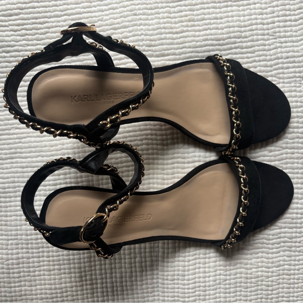Karl Lagerfeld Black Suede Ankle-Strap Sandal with Gold Chain
